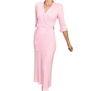 Vintage 70s 80s pink ribbed knit cotton blend half sleeve maxi wrap dress XS
